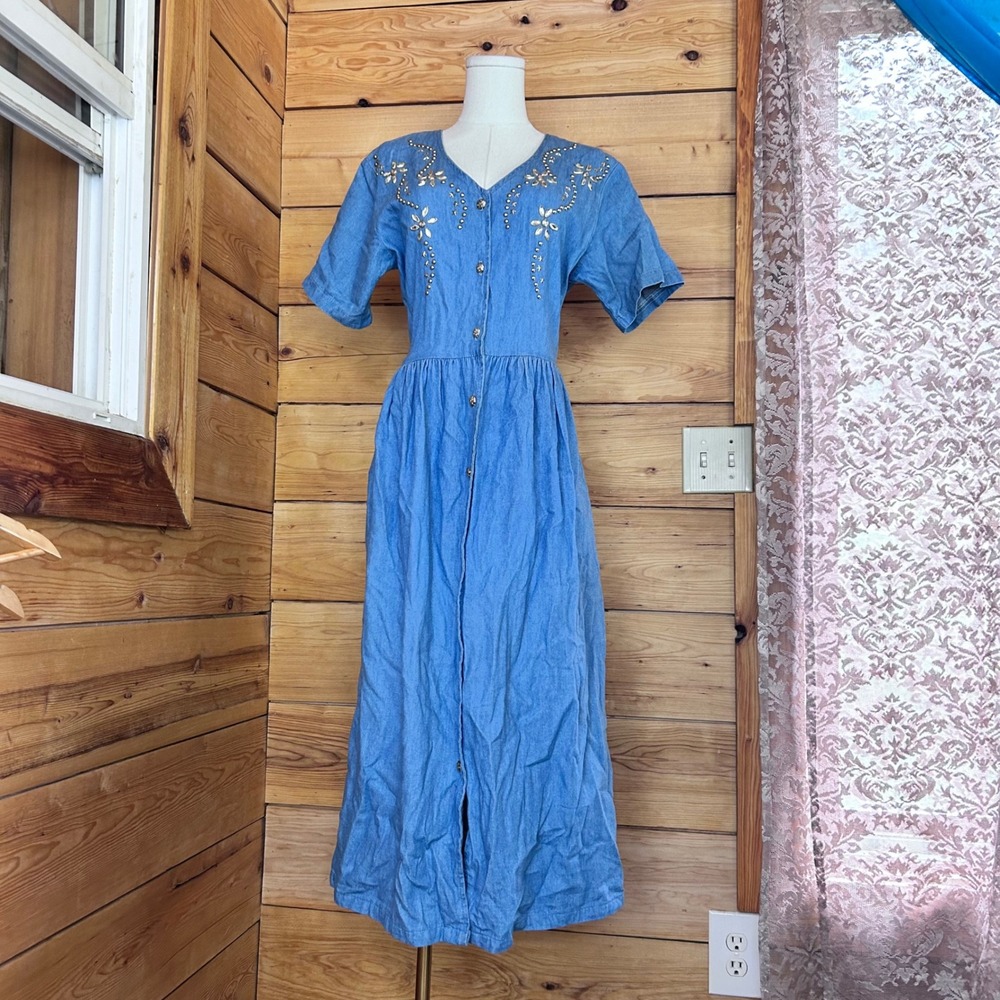 Vintage Denim Maxi Dress Women Small Blue Western Rhinestone Screen Designs
